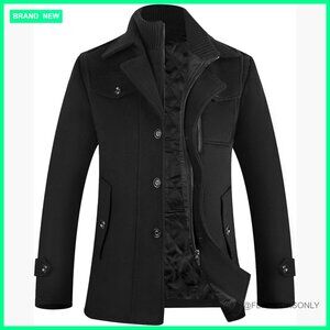 Men's Wool Blend Pea Coat Winter Jacket Single Breasted Windbreaker